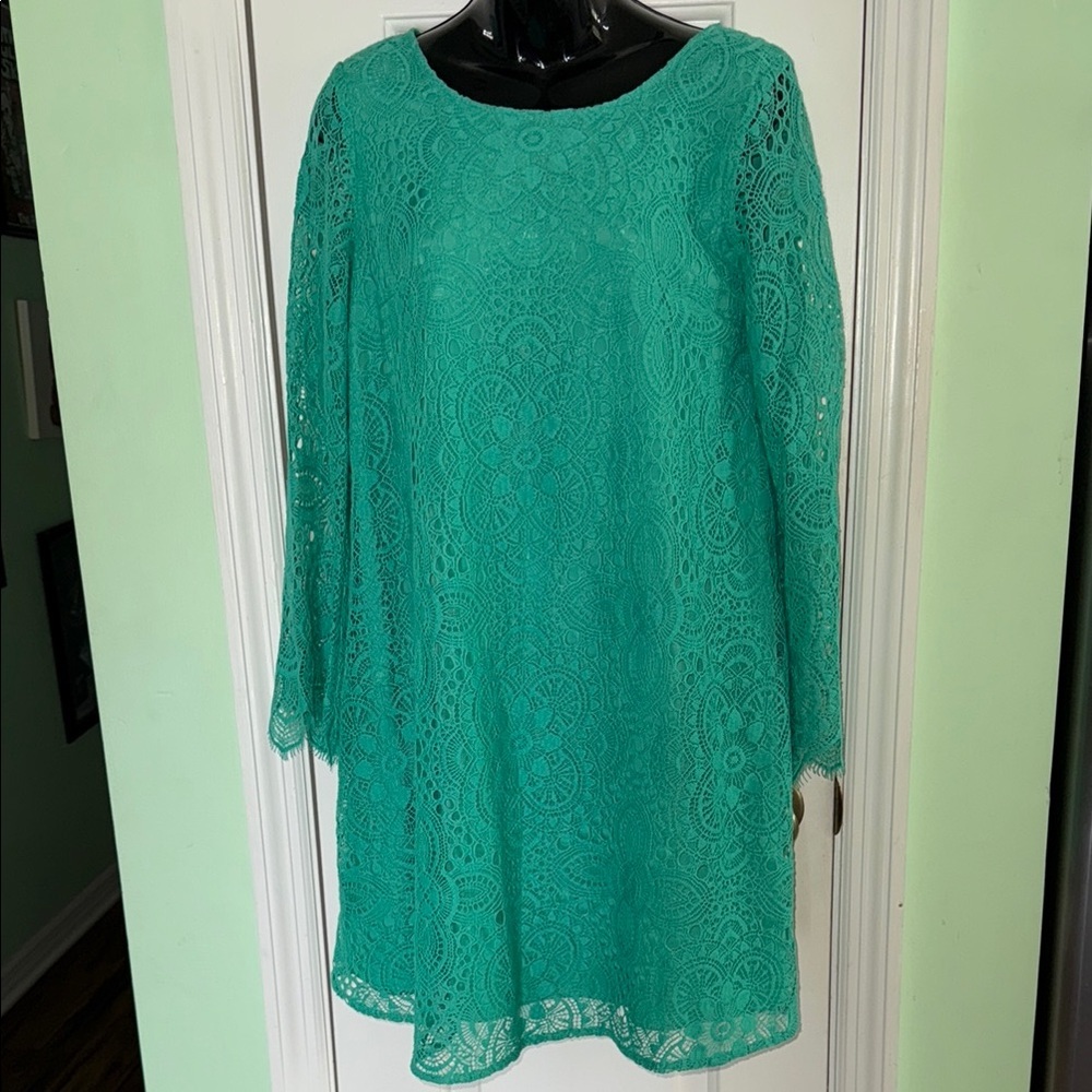 Lilly Pulitzer Jewel Green Colette Sunburst Lace Bell Sleeve Tunic Dress Size S